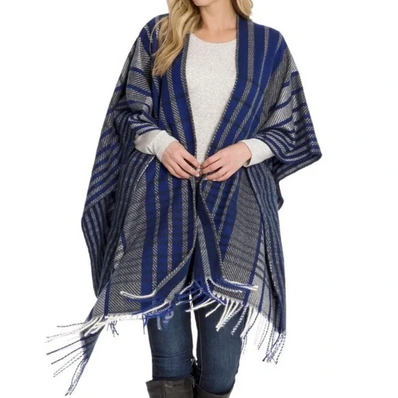 NWT Woolrich Blue Plaid Blanket Wrap Scarf Poncho with Fringe - Picture 1 of 6
